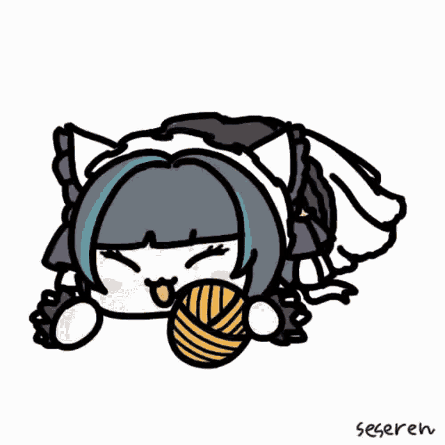 a cartoon of a girl with cat ears holding a ball of yarn .