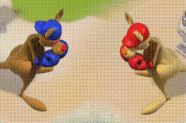 a kangaroo wearing boxing gloves is fighting another kangaroo wearing boxing gloves