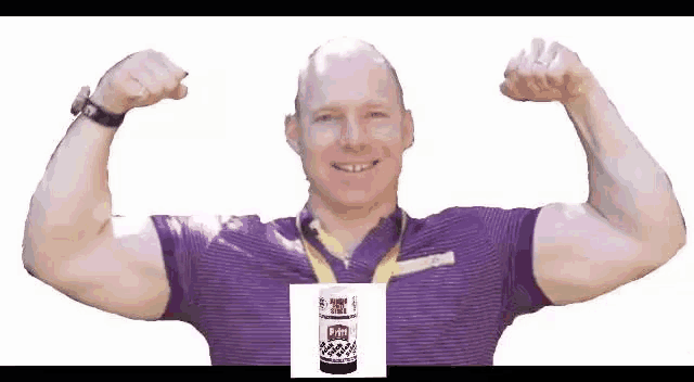 a man in a purple shirt is flexing his muscles in front of a bottle of diet coke