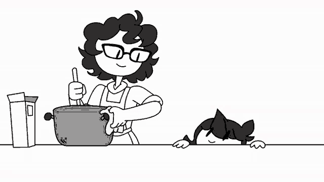 a black and white cartoon of a woman in an apron mixing something in a pot .