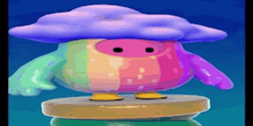 a cartoon character with a cloud on its head is standing on a podium