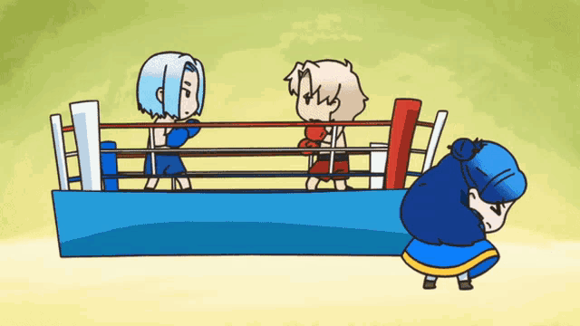 a cartoon drawing of a boxing ring with two fighters and a girl