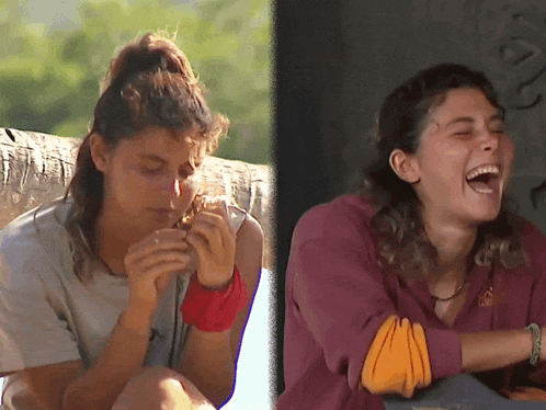 a woman in a ponytail is eating a piece of food and laughing