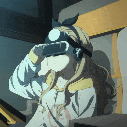 a girl is wearing a virtual reality headset and a hoodie with the letter c on it