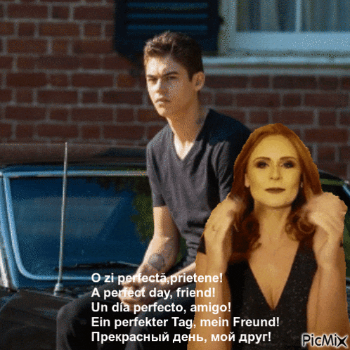 a picture of a man and a woman with a caption that says o zi perfecta prietene