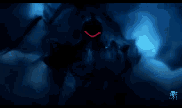 a silhouette of a monster with a red mouth is surrounded by smoke in the dark .