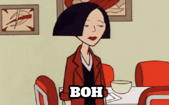 a cartoon of a woman sitting at a table with a sign that says boh on it