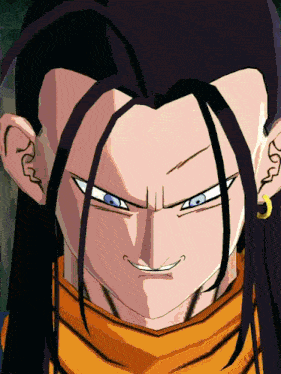 a close up of a cartoon character with long black hair