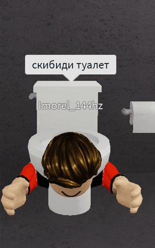a person in a toilet with a speech bubble that says imorel_144hz on it