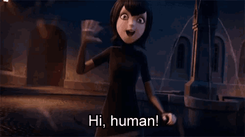 a cartoon character says hi human while waving her hand