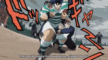 a man in a green and white striped shirt is being tackled by a group of people and they grab onto his awesome ripped body