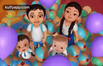 a group of cartoon characters are standing in a pile of balls .