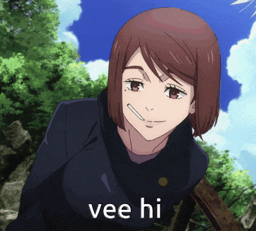 a picture of a girl with the words vee hi written on it