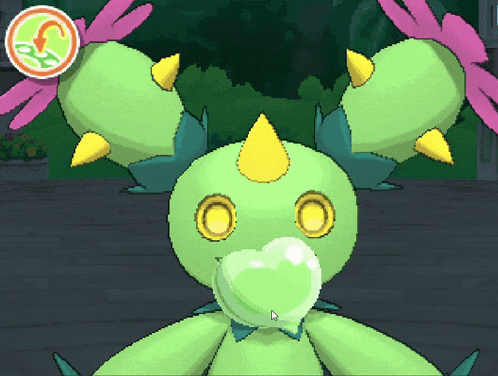 a green cartoon character with yellow eyes and a pink flower on its head
