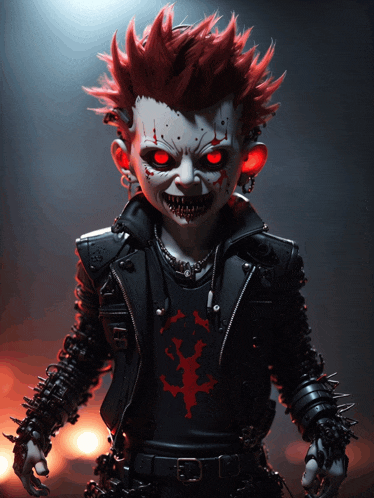 a doll with red eyes is wearing a black shirt with the letter s on it