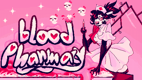 a pixel art of a nurse holding a syringe with the words blood charmas written above her