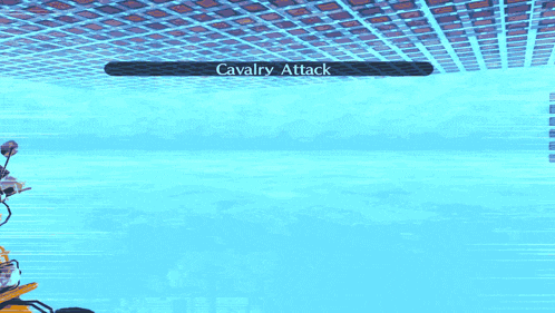 a video game character is riding a motorcycle and says cavalry attack in the corner