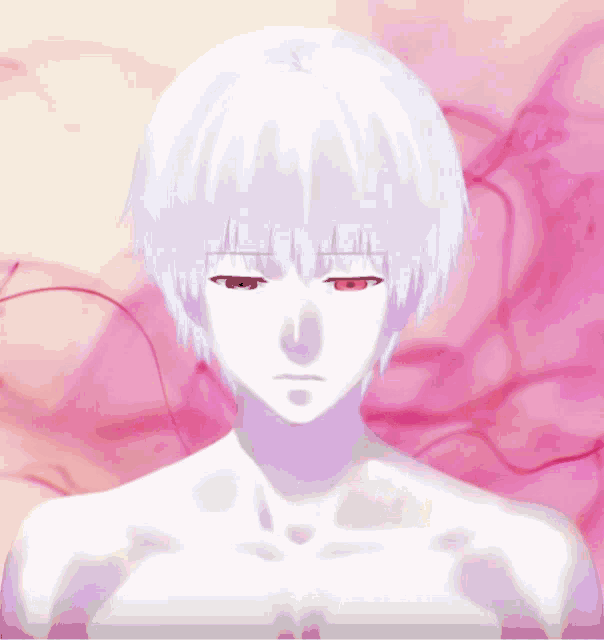 a drawing of a man with white hair and red eyes against a pink background