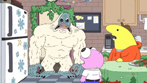 a cartoon shows a yeti standing in front of a refrigerator with the letter i on it