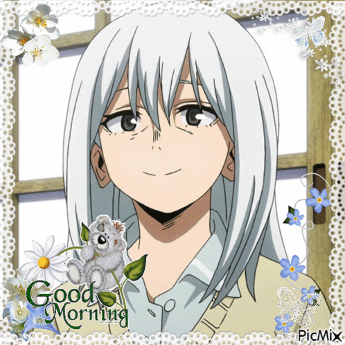 a picture of a girl with white hair and the words good morning on the bottom