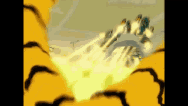 a cartoon character is flying through a cloud of yellow smoke