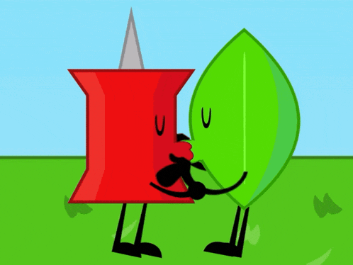 a red pin and a green leaf are kissing each other