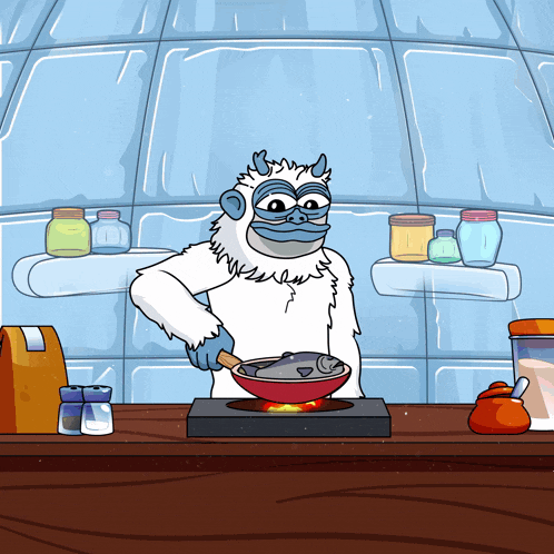 a cartoon of a yeti preparing food in a pan
