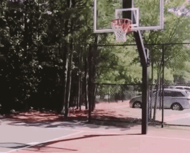 a basketball hoop is surrounded by trees and a parking lot