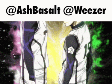 a couple of anime characters standing next to each other with the words " @ashbasalt @weezer " below them