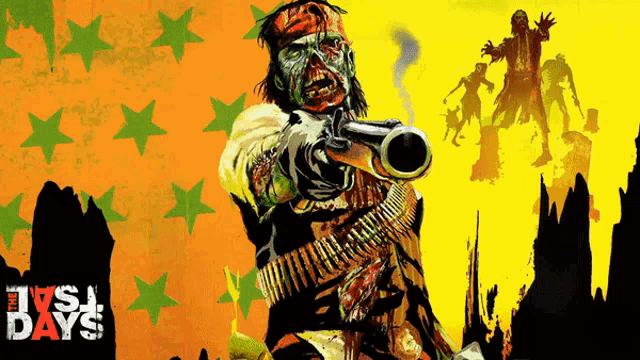 a poster for red dead redemption 2 shows a zombie cowboy pointing a gun at a crowd of zombies