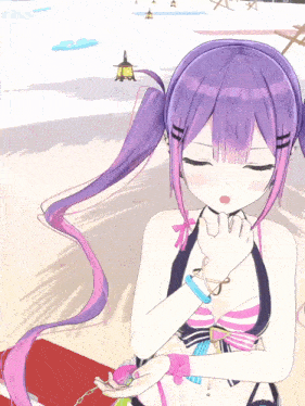 a girl with purple hair and pigtails is wearing a bikini