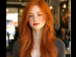 a woman with long red hair and freckles is wearing a grey sweater and a necklace .