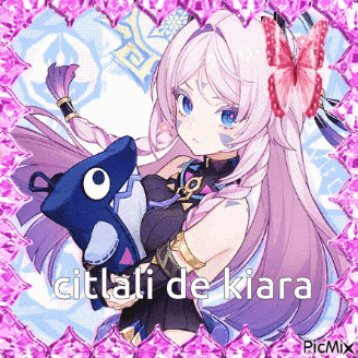 a picture of a girl with purple hair holding a stuffed animal with the words citlali de kiara written on it