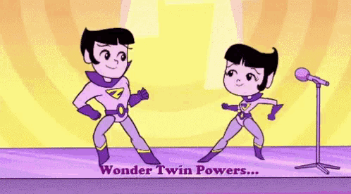 a cartoon of a boy and a girl with the words wonder twin powers