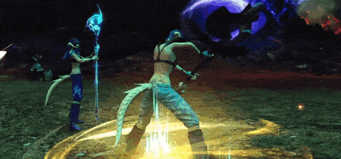 a video game scene with a woman holding a sword
