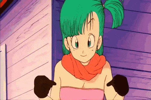 a girl with green hair is wearing a pink top and a red scarf
