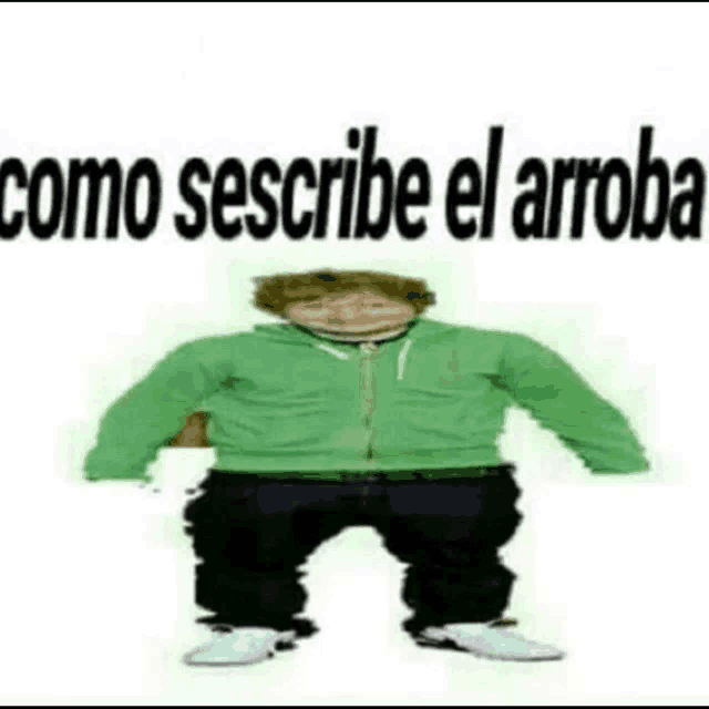 a man in a green jacket is standing in front of a white background with the words como sescribe el arroba written above him .