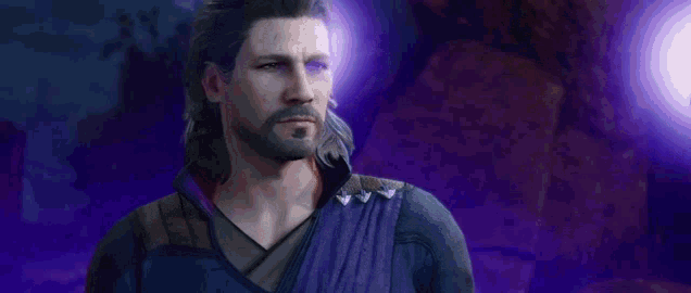 a man with long hair and a beard is standing in front of a purple background .