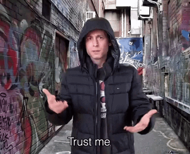 a man in a hooded jacket says " trust me " in an alleyway