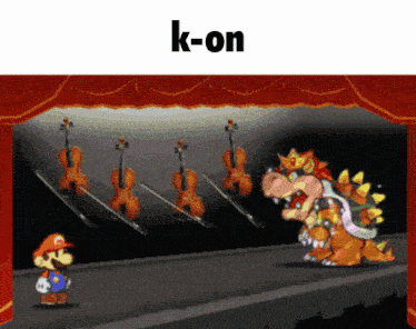 a cartoon of mario and bowser on a stage with the word k-on above