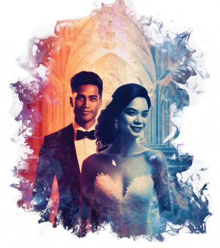 a man in a tuxedo and a woman in a wedding dress