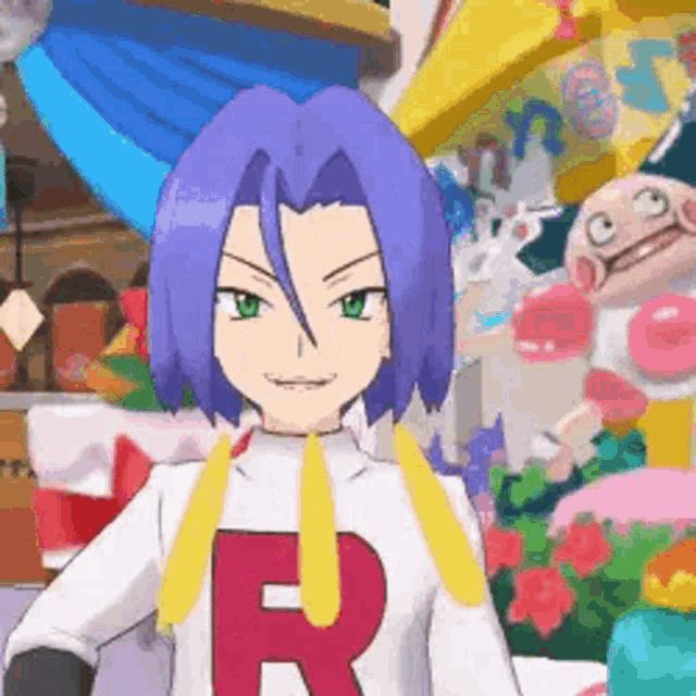 a cartoon character with purple hair and green eyes is wearing a white shirt with the letter r on it and a yellow tie .