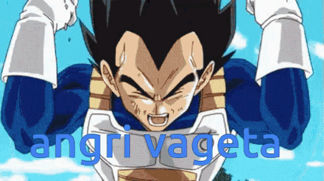 a cartoon character named angry vageta with his arms up
