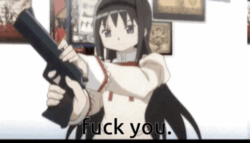 a girl is holding a gun and says " fuck you "