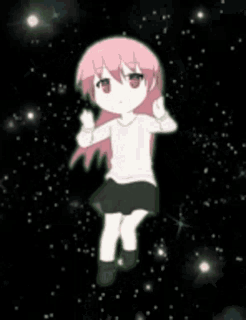 a little girl with pink hair is standing in the middle of a black space surrounded by stars .