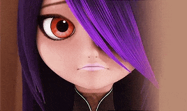 a close up of a cartoon character with purple hair and red eyes