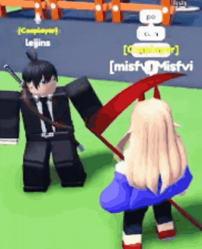 a girl is holding a red scythe in front of a man in a suit and tie .