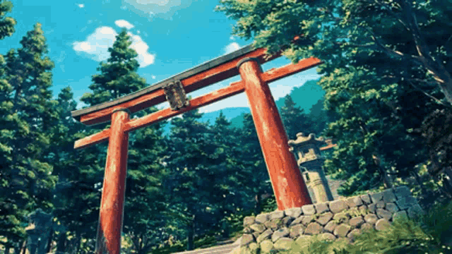 a painting of a torii gate in a forest