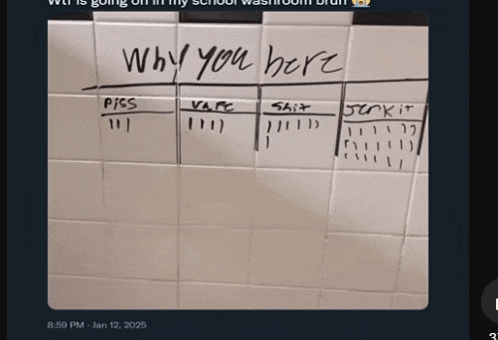 why you here is written on a white board on a tiled wall