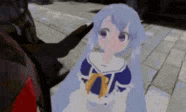 a 3d anime girl with blue hair is standing next to a bull .